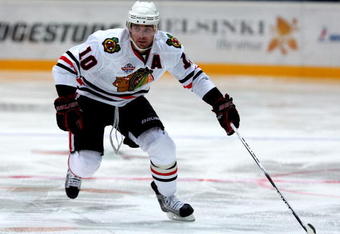 HELSINKI, FINLAND - OCTOBER 03:  #10 Patrick Sharp of the Chicago Blackhawks in action during The Compuware/NHL Premiere Helsinki series match between the Chicago Blackhawks and the Florida Panthers at the Hartwall Areena on October 3, 2009 in Helsinki, Finland.  (Photo by Richard Heathcote/Getty Images)