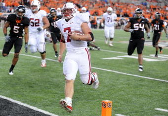 CORVALLIS, OR - OCTOBER 10: Running back Toby Gerhart #7 of the Stanford Cardinals crosses the goal line for a touchdown in the fourth quarter of the game against the Oregon State Beavers at Reser Stadium on October 10, 2009 in Corvallis, Oregon. Gerhart was held to 96 yards and two touchdowns as the Beaver won the game 38-28(Photo by Steve Dykes/Getty Images)