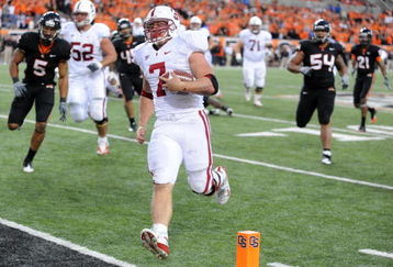 CORVALLIS, OR - OCTOBER 10: Running back Toby Gerhart #7 of the Stanford Cardinals crosses the goal line for a touchdown in the fourth quarter of the game against the Oregon State Beavers at Reser Stadium on October 10, 2009 in Corvallis, Oregon. Gerhart was held to 96 yards and two touchdowns as the Beaver won the game 38-28(Photo by Steve Dykes/Getty Images)
