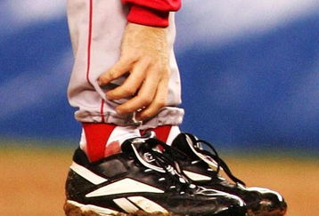 NEW YORK - OCTOBER 19:   Pitcher Curt Schilling #38 of the Boston Red Sox grabs at his ankle as it appears to be bleeding in the fourth inning during game six of the American League Championship Series against the New York Yankees on October 19, 2004 at Yankee Stadium in the Bronx borough of New York City. (Photo by Al Bello/Getty Images)