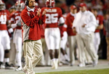 TUSCALOOSA - OCTOBER 17:  Head coach Nick Saban of the Alabama Crimson Tide celebrates a field goal during the game against the South Carolina Gamecocks at Bryant-Denny Stadium on October 17, 2009 in Tuscaloosa, Alabama.  The Crimson Tide beat the Gamecocks 20-6.  (Photo by Mike Zarrilli/Getty Images)