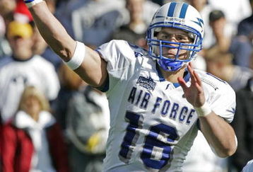 PROVO, UT - OCTOBER 29:  Quarterback Adam Fitch #16 of Air Force passes against Brigham Young University during the second quarter October 29, 2005 at LaVell Edwards Stadium in Provo, Utah. Fitch replaced Shaun Carney who cut his left hand and had to leave the game.  (Photo by George Frey/Getty Images)