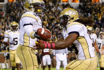 ATLANTA - OCTOBER 17:  Marcus Wright #3 of the Georgia Tech Yellow Jackets celebrates his touchdown with Anthony Allen #18 against the Virginia Tech Hokies at Bobby Dodd Stadium on October 17, 2009 in Atlanta, Georgia.  (Photo by Kevin C. Cox/Getty Images)