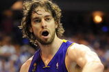 ORLANDO, FL - JUNE 14:  Pau Gasol #16 of the Los Angeles Lakers reacts in the second quarter against the Orlando Magic in Game Five of the 2009 NBA Finals on June 14, 2009 at Amway Arena in Orlando, Florida.  NOTE TO USER:  User expressly acknowledges and agrees that, by downloading and or using this photograph, User is consenting to the terms and conditions of the Getty Images License Agreement.  (Photo by Ronald Martinez/Getty Images)
