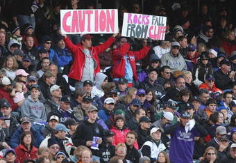 DENVER - OCTOBER 12:  Fans of the Philadelphia Phillies hold up a sign against the Colorado Rockies in Game Four of the NLDS during the 2009 MLB Playoffs at Coors Field on October 12, 2009 in Denver, Colorado. (Photo by Jed Jacobsohn/Getty Images)