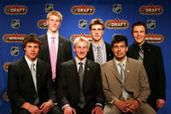 DETROIT - MAY 26: (Top L-R) Tyler Myers, Alex Pietrangelo, Luke Schenn (Bottom L-R) Zach Bogosian, Steven Stamkos, Drew Doughty pose together during the 2008 NHL Entry Draft Top Prospects Media Luncheon as part of 2008 NHL Stanley Cup Finals in Ambassador Ballroom at the Marriott Renaissance Center on May 26, 2008 in Detroit, Michigan. (Photo by Jim McIsaac/Getty Images)