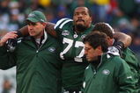 EAST RUTHERFORD, NJ - OCTOBER 18:  Kris Jenkins #77 of the New York Jets is helped off the field after being injured in the second quarter against the Buffalo Bills at Giants Stadium in the Meadowlands on October 18, 2009 in East Rutherford, New Jersey.  (Photo by Mike Stobe/Getty Images)