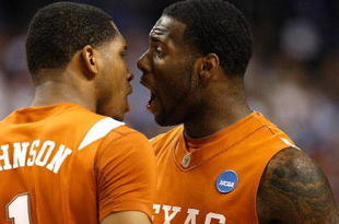 GREENSBORO, NC - MARCH 21: Damion James #5 of the Texas Longhorns reacts to Gary Johnson #1 against the Duke Blue Devils during the second round of the NCAA Division I Men's Basketball Tournament at the Greensboro Coliseum on March 21, 2009 in Greensboro, North Carolina. (Photo by Streeter Lecka/Getty Images)