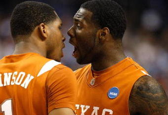 GREENSBORO, NC - MARCH 21:  Damion James #5 of the Texas Longhorns reacts to Gary Johnson #1 against the Duke Blue Devils during the second round of the NCAA Division I Men's Basketball Tournament at the Greensboro Coliseum on March 21, 2009 in Greensboro, North Carolina.  (Photo by Streeter Lecka/Getty Images)