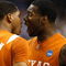 GREENSBORO, NC - MARCH 21:  Damion James #5 of the Texas Longhorns reacts to Gary Johnson #1 against the Duke Blue Devils during the second round of the NCAA Division I Men's Basketball Tournament at the Greensboro Coliseum on March 21, 2009 in Greensboro, North Carolina.  (Photo by Streeter Lecka/Getty Images)