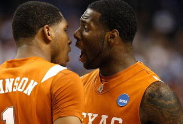 GREENSBORO, NC - MARCH 21:  Damion James #5 of the Texas Longhorns reacts to Gary Johnson #1 against the Duke Blue Devils during the second round of the NCAA Division I Men's Basketball Tournament at the Greensboro Coliseum on March 21, 2009 in Greensboro, North Carolina.  (Photo by Streeter Lecka/Getty Images)