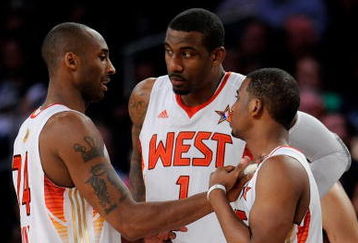 PHOENIX - FEBRUARY 15:  Kobe Bryant #24 talks to Amar'e Stoudemire #1 and Chris Paul #3 of the Western Conference during the 58th NBA All-Star Game, part of 2009 NBA All-Star Weekend at US Airways Center on February 15, 2009 in Phoenix, Arizona.  NOTE TO USER: User expressly acknowledges and agrees that, by downloading and or using this photograph, User is consenting to the terms and conditions of the Getty Images License Agreement.  (Photo by Kevork Djansezian/Getty Images)