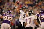 MINNEAPOLIS - OCTOBER 18:  Quarterback Joe Flacco #5 of the Baltimore Ravens delivers a pass against the Minnesota Vikings during NFL action at Hubert H. Humphrey Metrodome on October 18, 2009 in Minneapolis, Minnesota.The Vikings defeated the Ravens 33-31.  (Photo by Doug Pensinger/Getty Images)