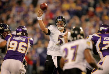 MINNEAPOLIS - OCTOBER 18:  Quarterback Joe Flacco #5 of the Baltimore Ravens delivers a pass against the Minnesota Vikings during NFL action at Hubert H. Humphrey Metrodome on October 18, 2009 in Minneapolis, Minnesota.The Vikings defeated the Ravens 33-31.  (Photo by Doug Pensinger/Getty Images)