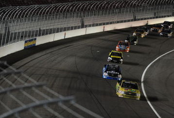 LAS VEGAS - SEPTEMBER 26: Johnny Sauter, driver of the #13 Fun Sand Chevrolet leads a line of trucks during the NASCAR Camping World Truck Series Las Vegas 350 at Las Vegas Motor Speedway on September 26, 2009 in Las Vegas, Nevada. (Photo by Harry How/Getty Images)