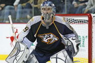 NASHVILLE, TN - OCTOBER 12:  Goalie Dan Ellis #39 of the Nashville Predators defends against the Edmonton Oilers on October 12, 2009 at the Sommet Center in Nashville, Tennessee.  (Photo by Frederick Breedon/Getty Images)
