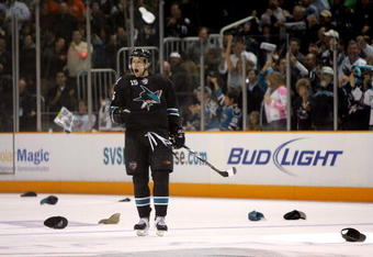 SAN JOSE, CA - OCTOBER 08:  Dany Heatley #15 of the San Jose Sharks celebrates after scoring a hat trick on a penalty shot during their game against the Columbus Blue Jackets in the second period at HP Pavilion on October 8, 2009 in San Jose, California.  (Photo by Ezra Shaw/Getty Images)