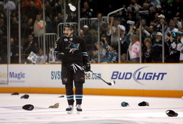 SAN JOSE, CA - OCTOBER 08:  Dany Heatley #15 of the San Jose Sharks celebrates after scoring a hat trick on a penalty shot during their game against the Columbus Blue Jackets in the second period at HP Pavilion on October 8, 2009 in San Jose, California.  (Photo by Ezra Shaw/Getty Images)