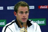 SHANGHAI, CHINA - OCTOBER 13:  Andy Roddick of the United States fields questions from the media at a press conference after retiring from his match against Stanilas Wawrinka of Switzerland during the 2009 Shanghai ATP Masters 1000 at Qi Zhong Tennis Centre on October 13, 2009 in Shanghai, China.  (Photo by Matthew Stockman/Getty Images)