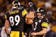 PITTSBURGH - DECEMBER 7:  Jeff Reed #3 and Matt Spaeth #89 of the Pittsburgh Steelers celebrate during their NFL game against the Dallas Cowboys on December 7, 2008 at Heinz Field in Pittsburgh, Pennsylvania. The Steelers defeated the Cowboys 20-13. (Photo by Gregory Shamus/Getty Images)