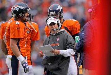 DENVER - OCTOBER 04:  Head coach Josh McDaniels of the Denver Broncos, along with quarterback Kyle Orton #8,  leads his team against the Dallas Cowboys during NFL action at Invesco Field at Mile High on October 4, 2009 in Denver, Colorado. The Broncos defeated the Cowboys 17-10.  (Photo by Doug Pensinger/Getty Images)