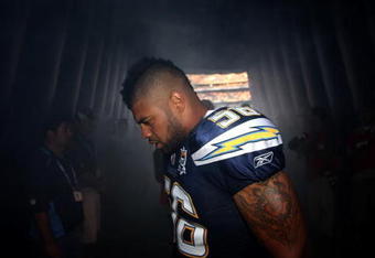 SAN DIEGO - AUGUST 15:  Linebacker Shawne Merriman #56 of the San Diego Chargers paces in the tunnel as he waits to be introduced to the crowd before the game against the Seattle Seahawks on August 15, 2009 at Qualcomm Stadium in San Diego, California.  (Photo by Stephen Dunn/Getty Images)