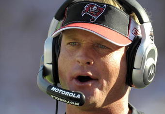 TAMPA, FL - DECEMBER 28: Coach Jon Gruden of the Tampa Bay Buccaneers directs play against the Oakland Raiders at Raymond James Stadium on December 28, 2008 in Tampa, Florida.  (Photo by Al Messerschmidt/Getty Images)
