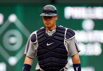 ARLINGTON, TX - JULY 31:  Catcher Kenji Johjima #2 of the Seattle Mariners on July 31, 2009 at Rangers Ballpark in Arlington, Texas.  (Photo by Ronald Martinez/Getty Images)