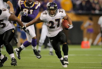 MINNEAPOLIS - OCTOBER 18:  Running back Ray Rice #27 of the Baltimore Ravens rushes against the Minnesota Vikings during NFL action at Hubert H. Humphrey Metrodome on October 18, 2009 in Minneapolis, Minnesota. The Vikings defeated the Ravens 33-31.  (Photo by Doug Pensinger/Getty Images)