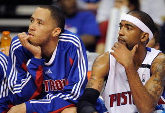 AUBURN HILLS, MI - APRIL 26:  (L-R) Tayshaun Prince #22 and Richard Hamilton #32 of the Detroit Pistons sit on the bench in Game Four of the Eastern Conference Quarterfinals against the Cleveland Cavaliers during the 2009 NBA Playoffs at the Palace of Auburn Hills on April 26, 2009 in Auburn Hills, Michigan.  The Cavaliers won 99-78.  NOTE TO USER: User expressly acknowledges and agrees that, by downloading and or using this photograph, User is consenting to the terms and conditions of the Getty Images License Agreement.  (Photo by Gregory Shamus/Getty Images)