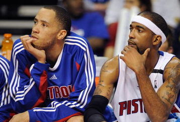 AUBURN HILLS, MI - APRIL 26:  (L-R) Tayshaun Prince #22 and Richard Hamilton #32 of the Detroit Pistons sit on the bench in Game Four of the Eastern Conference Quarterfinals against the Cleveland Cavaliers during the 2009 NBA Playoffs at the Palace of Auburn Hills on April 26, 2009 in Auburn Hills, Michigan.  The Cavaliers won 99-78.  NOTE TO USER: User expressly acknowledges and agrees that, by downloading and or using this photograph, User is consenting to the terms and conditions of the Getty Images License Agreement.  (Photo by Gregory Shamus/Getty Images)