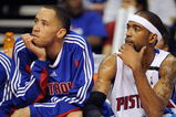 AUBURN HILLS, MI - APRIL 26:  (L-R) Tayshaun Prince #22 and Richard Hamilton #32 of the Detroit Pistons sit on the bench in Game Four of the Eastern Conference Quarterfinals against the Cleveland Cavaliers during the 2009 NBA Playoffs at the Palace of Auburn Hills on April 26, 2009 in Auburn Hills, Michigan.  The Cavaliers won 99-78.  NOTE TO USER: User expressly acknowledges and agrees that, by downloading and or using this photograph, User is consenting to the terms and conditions of the Getty Images License Agreement.  (Photo by Gregory Shamus/Getty Images)