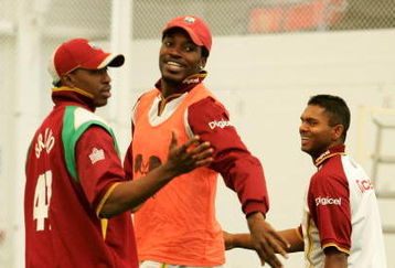 LOUGHBOROUGH, UNITED KINGDOM - JULY 06:  Dwayne Bravo, Chris Gayle and Shivnarine Chanderpaul in action during the West Indies Cricket net session at Loughborough University on July 6, 2007 in Loughborough, England. The third one day international match between England and the West Indies takes place at Trent Bridge tomorrow.  (Photo by Richard Heathcote/Getty Images)