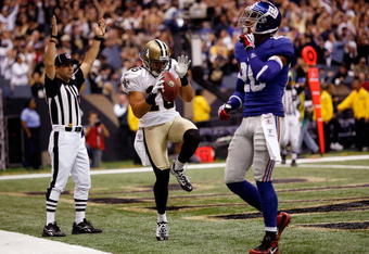 NEW ORLEANS - OCTOBER 18:  Lance Moore #16 of the New Orleans Saints celebrates after scoring a touchdown against the New York Giants at the Louisiana Superdome on October 18, 2009 in New Orleans, Louisiana.  (Photo by Chris Graythen/Getty Images)