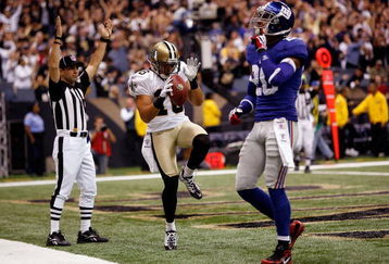 NEW ORLEANS - OCTOBER 18:  Lance Moore #16 of the New Orleans Saints celebrates after scoring a touchdown against the New York Giants at the Louisiana Superdome on October 18, 2009 in New Orleans, Louisiana.  (Photo by Chris Graythen/Getty Images)