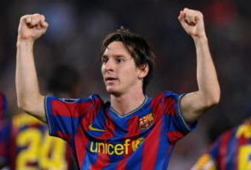 BARCELONA, SPAIN - SEPTEMBER 29:  Lionel Messi of Barcelona celebrates scoring his sides opening goal during the Champions League group F match between Barcelona and Dynamo Kiev at the Camp Nou Stadium on September 29, 2009 in Barcelona, Spain. Barcelona won the match 2-0.  (Photo by Jasper Juinen/Getty Images)