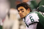EAST RUTHERFORD, NJ - OCTOBER 18:  Ouarterback Mark Sanchez #6 of the New York Jets looks on against the Buffalo Bills at Giants Stadium in the Meadowlands on October 18, 2009 in East Rutherford, New Jersey. The Bills defeated the Jets 16-13 in overtime.  (Photo by Mike Stobe/Getty Images)