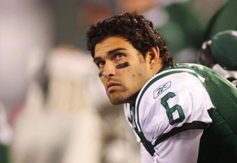 EAST RUTHERFORD, NJ - OCTOBER 18:  Ouarterback Mark Sanchez #6 of the New York Jets looks on against the Buffalo Bills at Giants Stadium in the Meadowlands on October 18, 2009 in East Rutherford, New Jersey. The Bills defeated the Jets 16-13 in overtime.  (Photo by Mike Stobe/Getty Images)