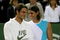 MALLORCA, SPAIN - MAY 2: Rafael Nadal of Spain and  Roger Federer of Switzerland share a joke after  the The Battle of the Surfaces between Rafael Nadal and Roger Federer at The Palma Arena on May 2, 2007 in Mallorca, Spain. (Photo by Clive Brunskill/Getty Images)