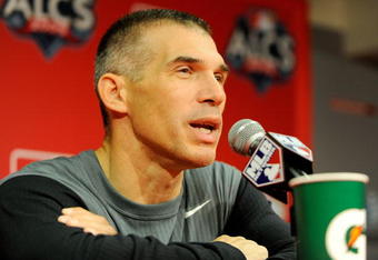 ANAHEIM, CA - OCTOBER 19:  Manager Joe Girardi of the New York Yankees talks to the media prior to the start of Game Three of the ALCS against the Los Angeles Angels of Anaheim during the 2009 MLB Playoffs at Angel Stadium on October 19, 2009 in Anaheim, California.  (Photo by Kevork Djansezian/Getty Images)