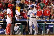 PHILADELPHIA - OCTOBER 19: Russell Martin #55 of the Los Angeles Dodgers argues with home plate umpire Ted Barrett #65 after Martin was called out on strikes in the top of the sixth inning against of the Philadelphia Phillies in Game Four of the NLCS during the 2009 MLB Playoffs at Citizens Bank Park on October 19, 2009 in Philadelphia, Pennsylvania. (Photo by Nick Laham/Getty Images)