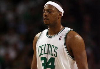 BOSTON - MAY 17:  Paul Pierce #34 of the Boston Celtics walks off the court as he is pulled from the game late in the fourth quarter against the Orlando Magic in Game Seven of the Eastern Conference Semifinals during the 2009 NBA Playoffs at TD Banknorth Garden on May 17, 2009 in Boston, Massachusetts. The Orlando Magic defeated the Boston Celtics 101-82 to advance to the Eastern Conference Finals. NOTE TO USER: User expressly acknowledges and agrees that, by downloading and or using this photograph, User is consenting to the terms and conditions of the Getty Images License Agreement.  (Photo by Elsa/Getty Images)