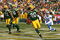 GREEN BAY, WI - OCTOBER 18: Atari Bigby #20 of the Green Bay Packers celebrates an interception in the end zone on a pass intended for John Standeford #16 of the Detroit Lions as teammates Charles Woodson #21 and Nick Barnett#56 run off the field at Lambeau Field on October 18, 2009 in Green Bay, Wisconsin. The Packers defeated the Lions 26-0. (Photo by Jonathan Daniel/Getty Images)