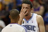 ORLANDO, FL - JUNE 14:  Hedo Turkoglu #15 of the Orlando Magic discusses a call with referee Dan Crawford in the first half against the Los Angeles Lakers in Game Five of the 2009 NBA Finals on June 14, 2009 at Amway Arena in Orlando, Florida.  NOTE TO USER:  User expressly acknowledges and agrees that, by downloading and or using this photograph, User is consenting to the terms and conditions of the Getty Images License Agreement.  (Photo by Elsa/Getty Images)