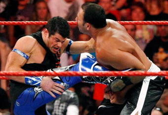 LAS VEGAS - AUGUST 24:  Wrestlers Evan Bourne (L) kicks Chavo Guerrero during the WWE Monday Night Raw show at the Thomas & Mack Center August 24, 2009 in Las Vegas, Nevada.  (Photo by Ethan Miller/Getty Images)
