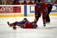 20 Nov 1999: Brian Savage #49of the Montreal Canadiens lays hurt on the ice with a fractured vertabrae during a game against the Los Angeles Kings at the Staple Center in Los Angeles, California. The Canadiens defeated the Kings 5-3. Mandatory Credit: Kellie Landis /Allsport
