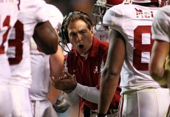 KNOXVILLE, TN - OCTOBER 25:  Nick Saban the Head Coach of the Alabama Crimson Tide is pictured during the game against the Tennessee Volunteers at Neyland Stadium on October 25, 2008 in Knoxville, Tennessee.  (Photo by Andy Lyons/Getty Images)