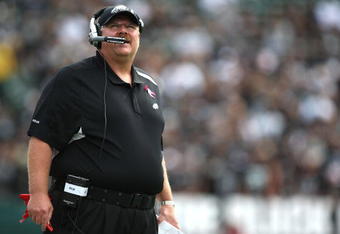 OAKLAND, CA - OCTOBER 18: Head coach Andy Reid of the Philadelphia Eagles looks on against the Oakland Raiders during an NFL game at the Oakland-Alameda County Coliseum on October 18, 2009 in Oakland, California.  (Photo by Jed Jacobsohn/Getty Images)