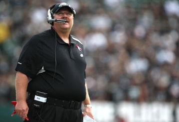 OAKLAND, CA - OCTOBER 18: Head coach Andy Reid of the Philadelphia Eagles looks on against the Oakland Raiders during an NFL game at the Oakland-Alameda County Coliseum on October 18, 2009 in Oakland, California.  (Photo by Jed Jacobsohn/Getty Images)