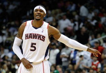 ATLANTA - MAY 11:  Josh Smith #5 of the Atlanta Hawks looks on during action against the Cleveland Cavaliers during Game Four of the Eastern Conference Semifinals during the 2009 NBA Playoffs at Philips Arena on May 11, 2009 in Atlanta, Georgia.  NOTE TO USER: User expressly acknowledges and agrees that, by downloading and/or using this Photograph, user is consenting to the terms and conditions of the Getty Images License Agreement.  (Photo by Andy Lyons/Getty Images)